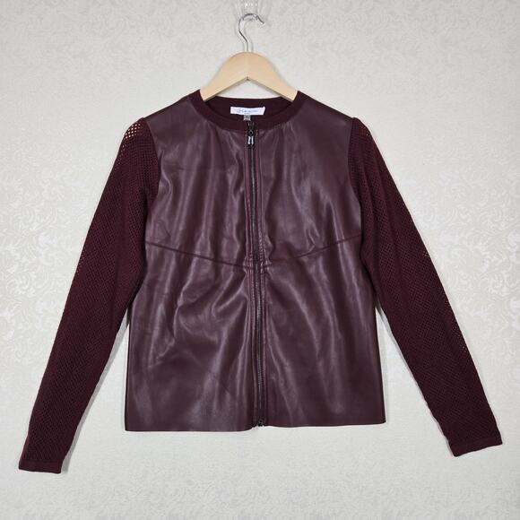Sioni Milano Faux Leather Jacket sz S Merlot Zip Up Open Knit Sleeve Rhinestone - Picture 16 of 16